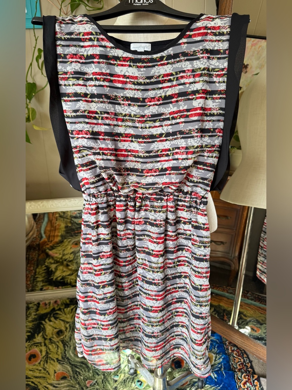 Charming Charlies Black Striped Dress with Red Floral Print, size S